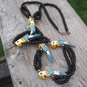 Vintage Hand Painted Wood Parrot Beaded Necklace  Fun Playful Boho Tropical